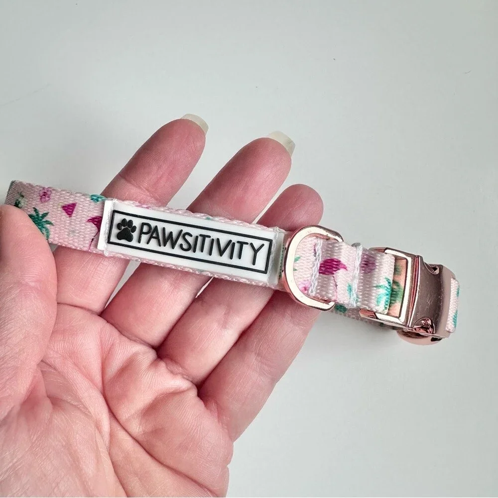 Pawsitivity Pink Pet Collar with Palm Trees Flamingos Rose Gold Clasp